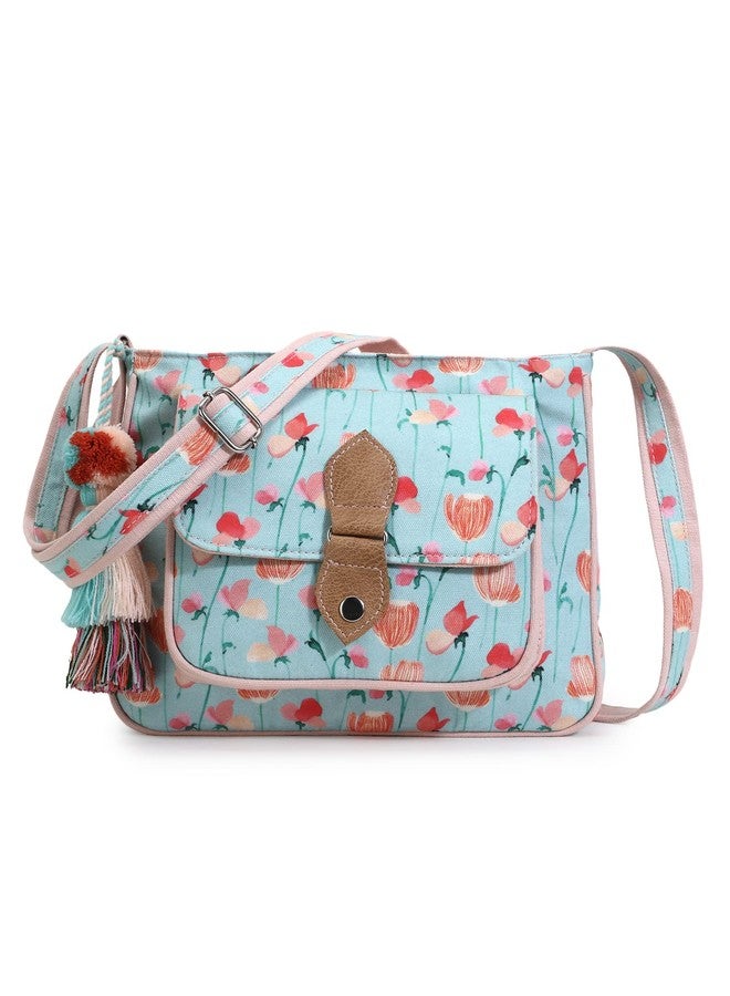 Anekaant Rangoli Mint Green & Peach Polycotton Floral Digital Print Sling Bag - Image 1